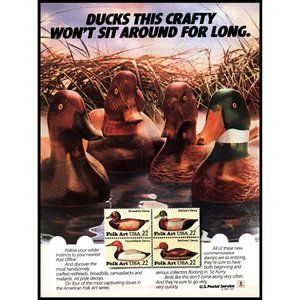 1985 USPS Folk Art Duck Decoy Commemorative Stamp Vintage Print Ad Wall Art